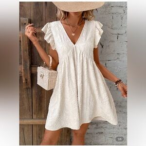 Cream Textured V-Neck Dress